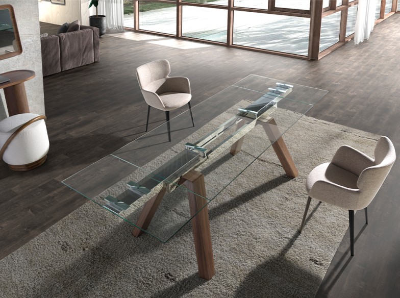 Mesa comedor extensible rectangular cristal templado y nogal
