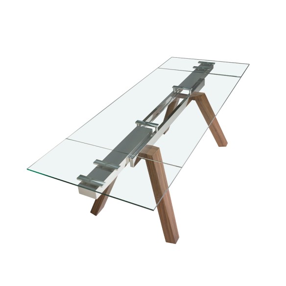 Mesa comedor extensible rectangular cristal templado y nogal