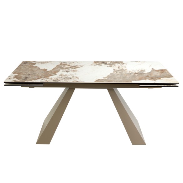 Mesa comedor extensible rectangular mármol porcelánico y acero color champagne