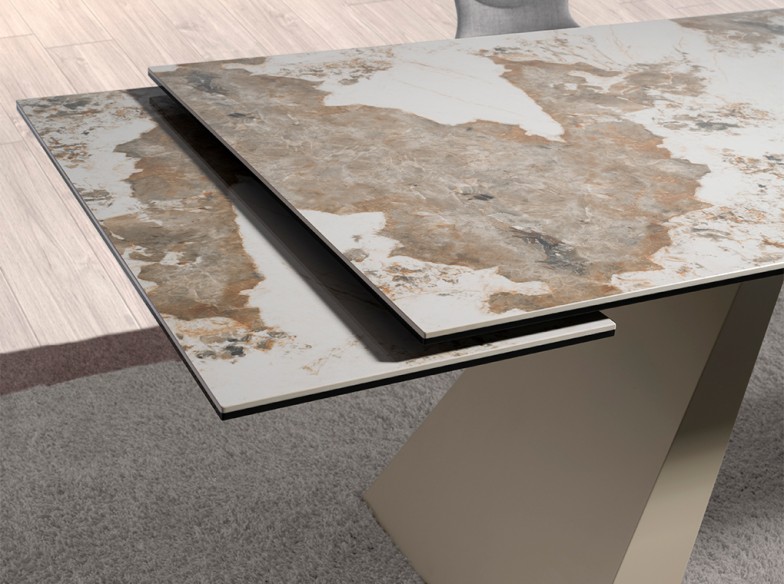 Mesa comedor extensible rectangular mármol porcelánico y acero color champagne