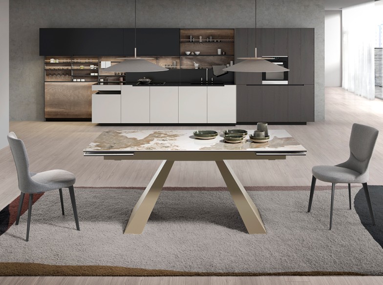 Mesa comedor extensible rectangular mármol porcelánico y acero color champagne