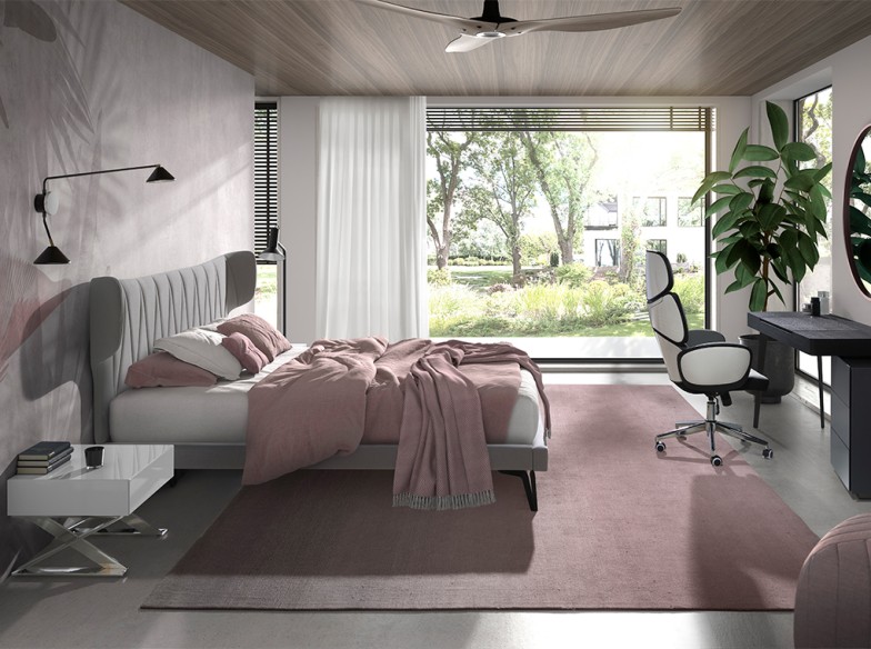 Silla oficina giratoria tela gris claro y pvc blanco brillo