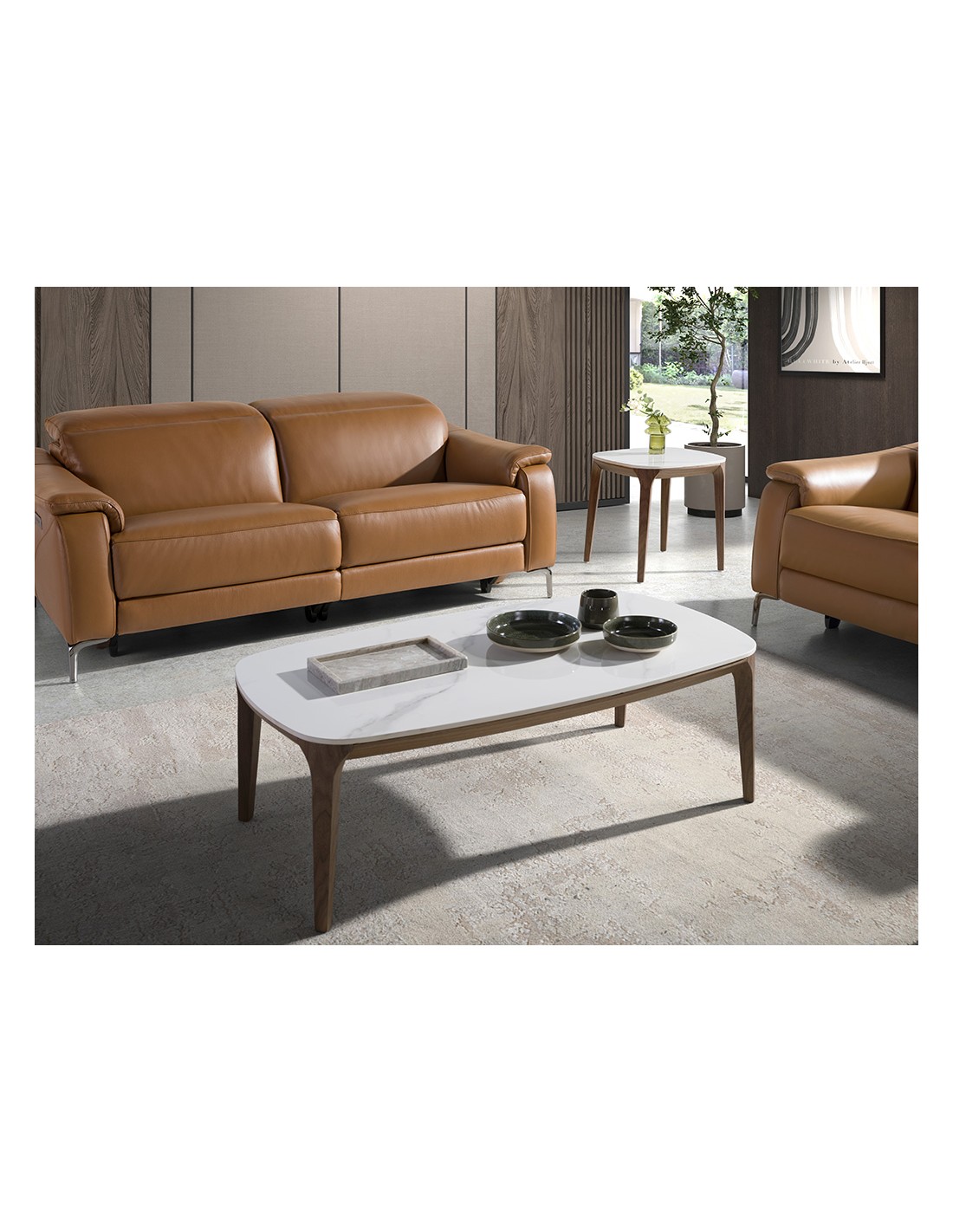 Mesa centro ovalada barril mármol porcelánico y...