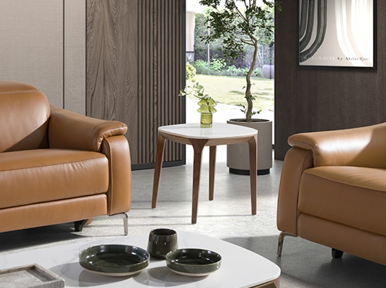 Mesa rincón cuadrada mármol porcelánico y nogal