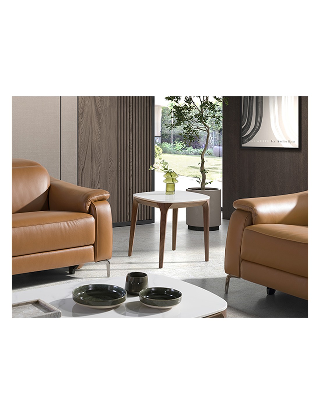 Mesa rincón cuadrada mármol porcelánico y nogal