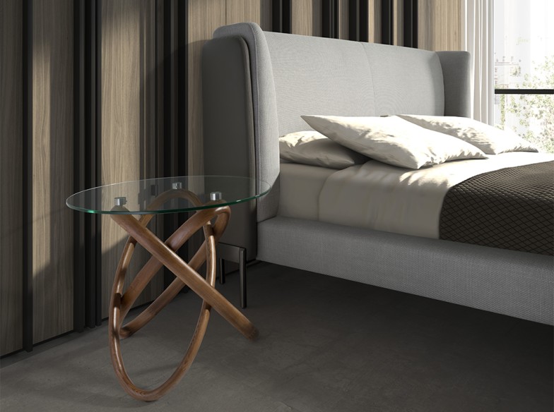 Mesa rincón redonda cristal templado y nogal