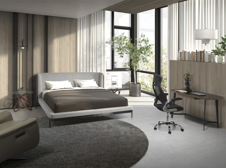 Mesa rincón redonda cristal templado y nogal