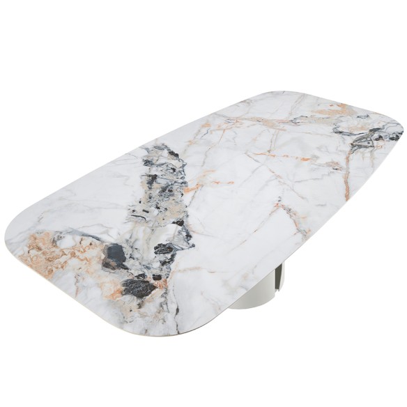 Mesa comedor ovalada barril mármol porcelánico y acero blanco