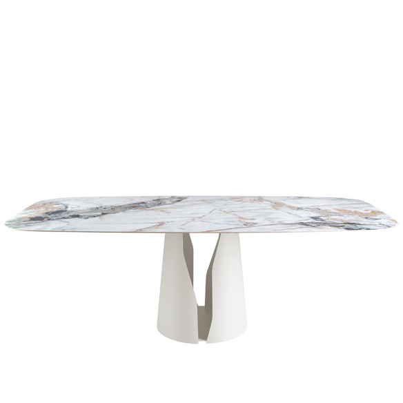 Mesa comedor ovalada barril mármol porcelánico y acero blanco