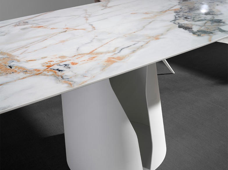 Mesa comedor ovalada barril mármol porcelánico y acero blanco