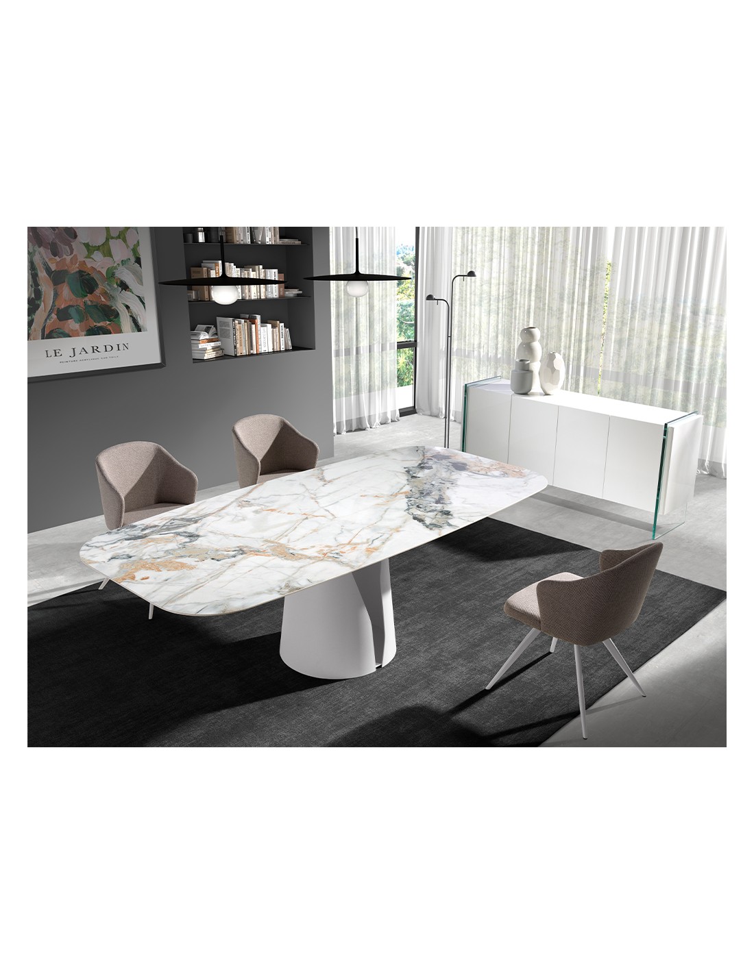 Mesa comedor ovalada barril mármol porcelánico...