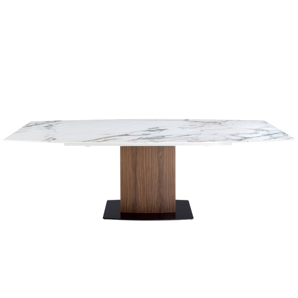 Mesa comedor extensible ovalada barril mármol porcelánico y nogal