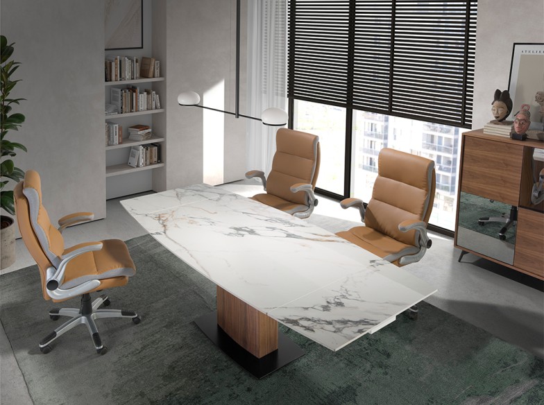 Mesa comedor extensible ovalada barril mármol porcelánico y nogal