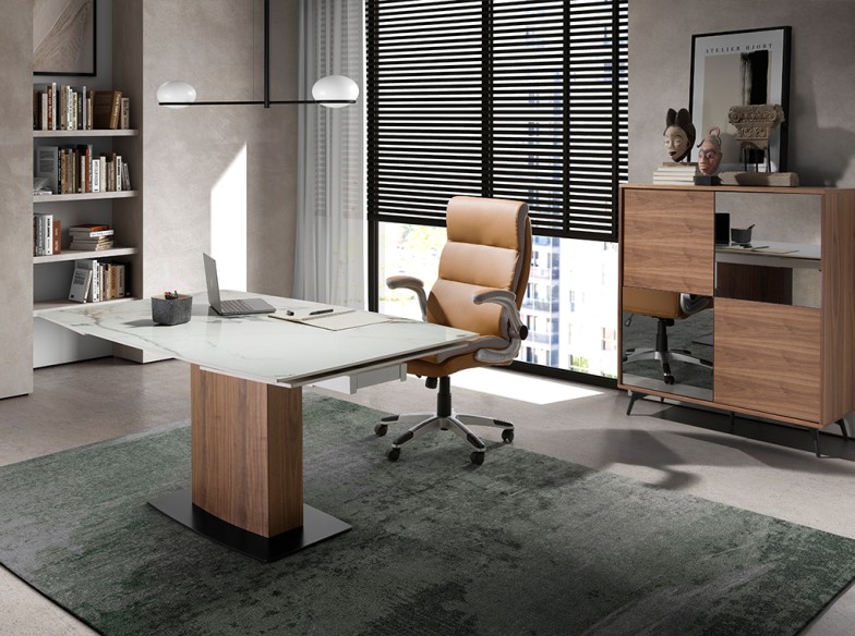 Mesa comedor extensible ovalada barril mármol porcelánico y nogal