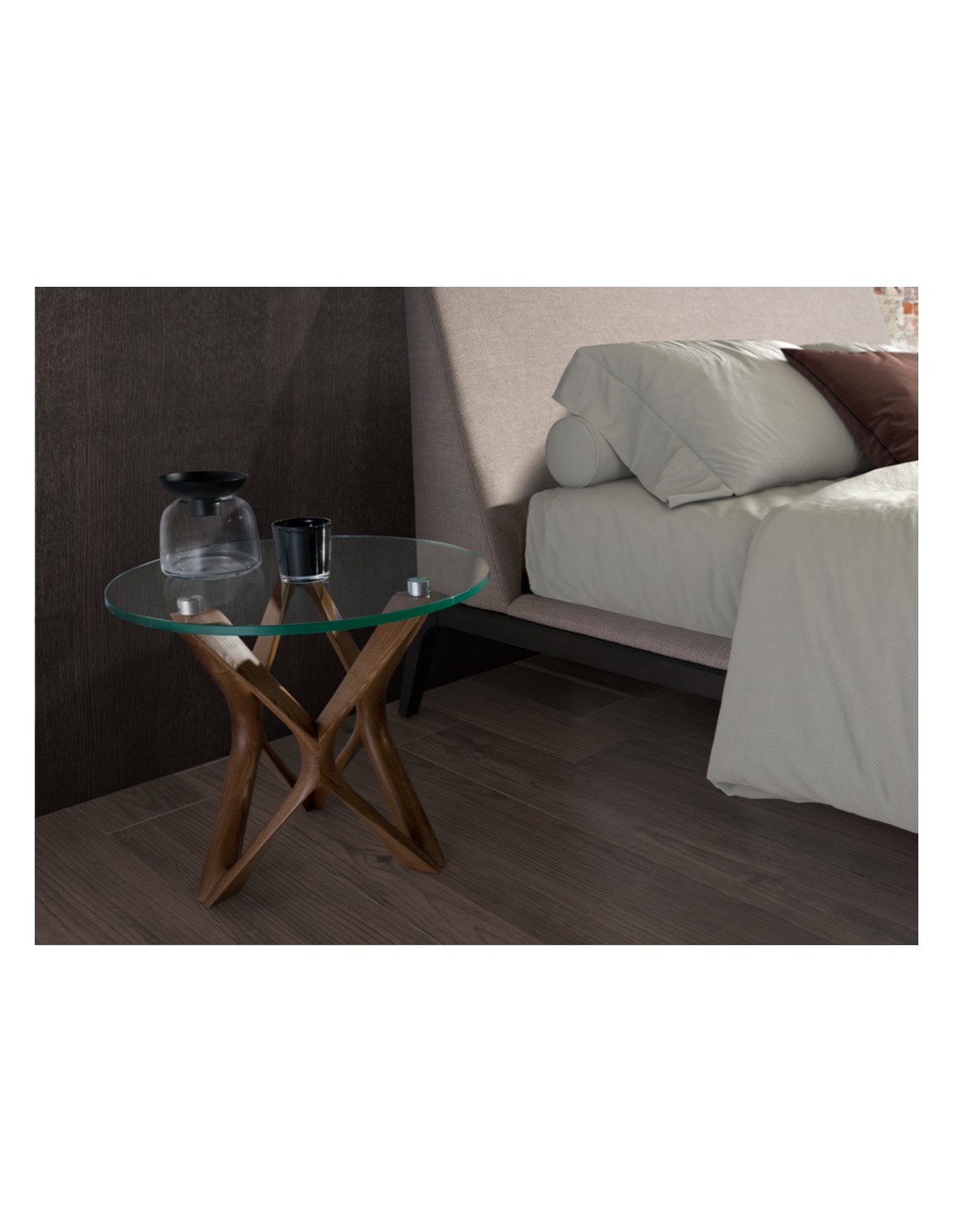 Mesa rincón redonda cristal templado y nogal