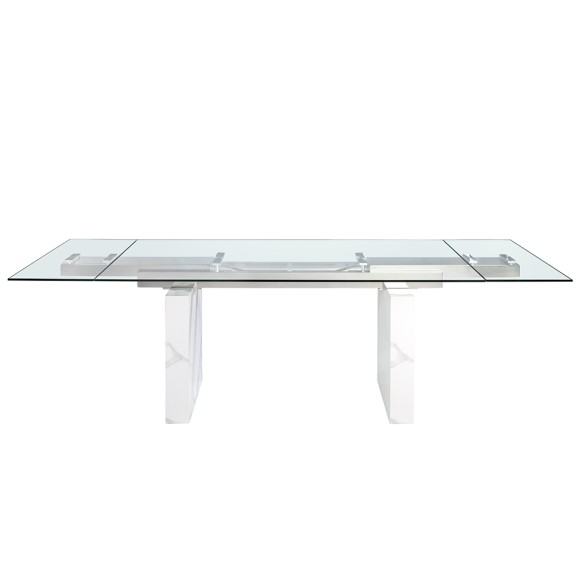 Mesa comedor extensible rectangular cristal templado, mármol porcelánico