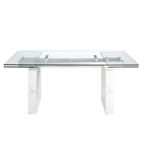 Mesa comedor extensible rectangular cristal templado, mármol porcelánico