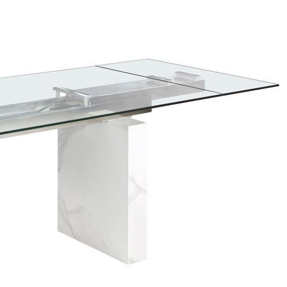 Mesa comedor extensible rectangular cristal templado, mármol porcelánico