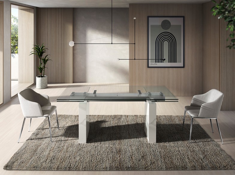 Mesa comedor extensible rectangular cristal templado, mármol porcelánico