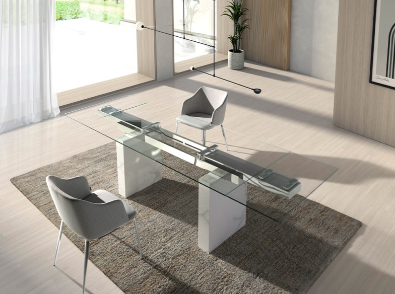 Mesa comedor extensible rectangular cristal templado, mármol porcelánico
