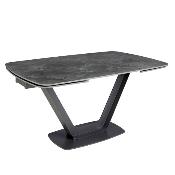 Mesa comedor extensible ovalada barril mármol porcelánico y acero negro