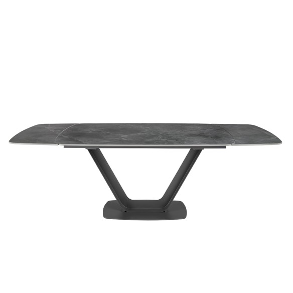 Mesa comedor extensible ovalada barril mármol porcelánico y acero negro