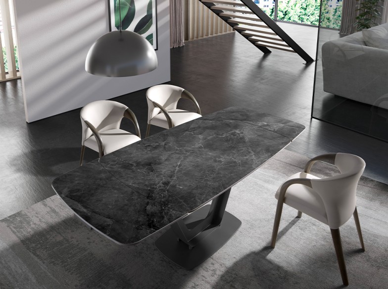 Mesa comedor extensible ovalada barril mármol porcelánico y acero negro