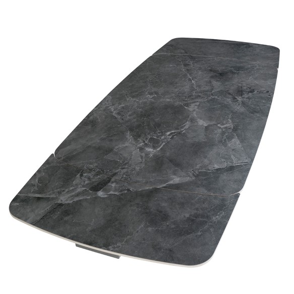 Mesa comedor extensible ovalada barril mármol porcelánico y acero negro