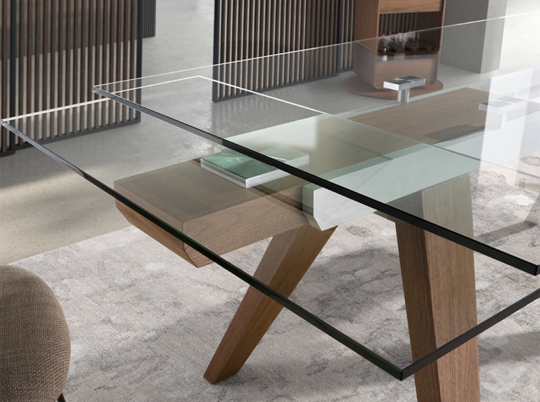 Mesa comedor extensible rectangular cristal templado y nogal