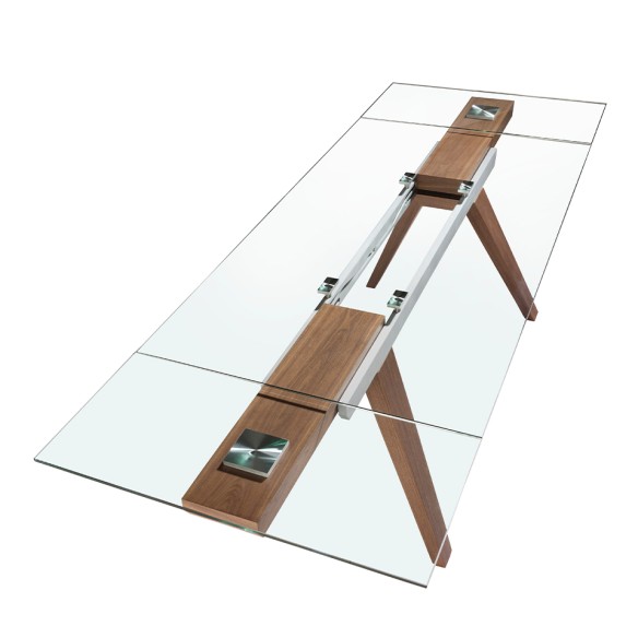 Mesa comedor extensible rectangular cristal templado y nogal