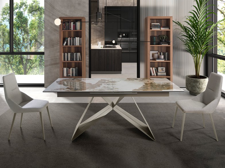 Mesa comedor extensible rectangular mármol porcelánico y acero color champagne