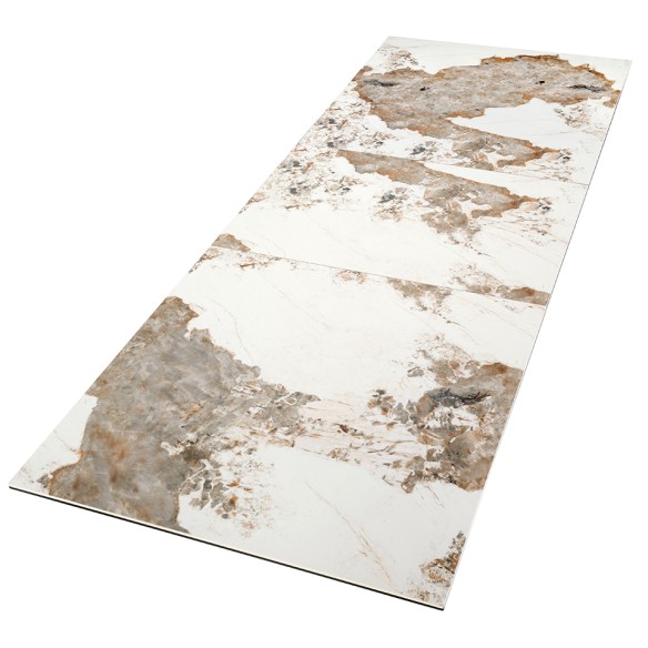 Mesa comedor extensible rectangular mármol porcelánico y acero color champagne