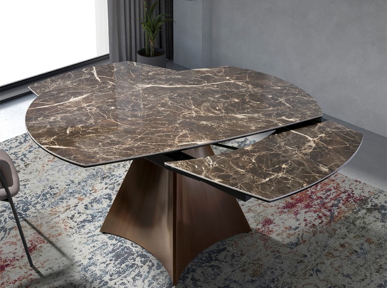 Mesa comedor extensible ovalada barril mármol porcelánico y acero efecto nogal