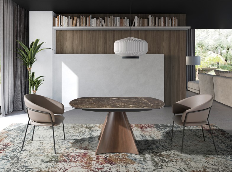 Mesa comedor extensible ovalada barril mármol porcelánico y acero efecto nogal