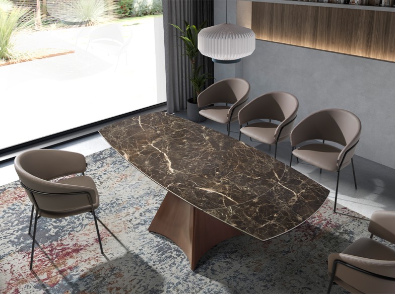 Mesa comedor extensible ovalada barril mármol porcelánico y acero efecto nogal