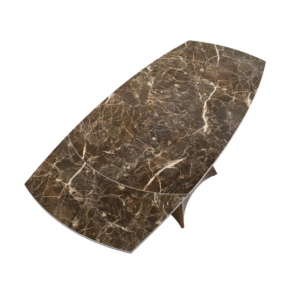 Mesa comedor extensible ovalada barril mármol porcelánico y acero efecto nogal