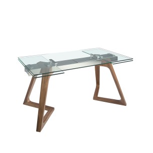 Mesa comedor extensible rectangular cristal templado y nogal