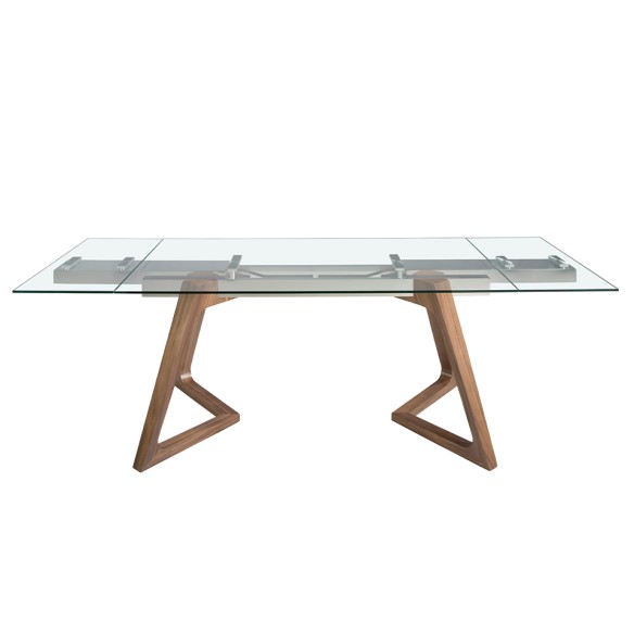 Mesa comedor extensible rectangular cristal templado y nogal