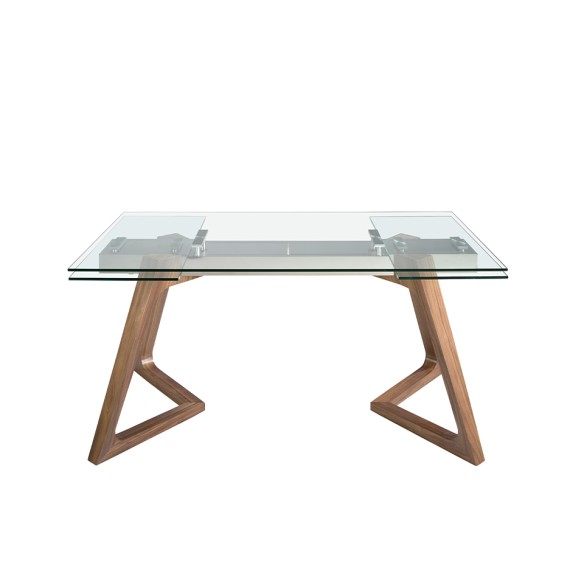 Mesa comedor extensible rectangular cristal templado y nogal