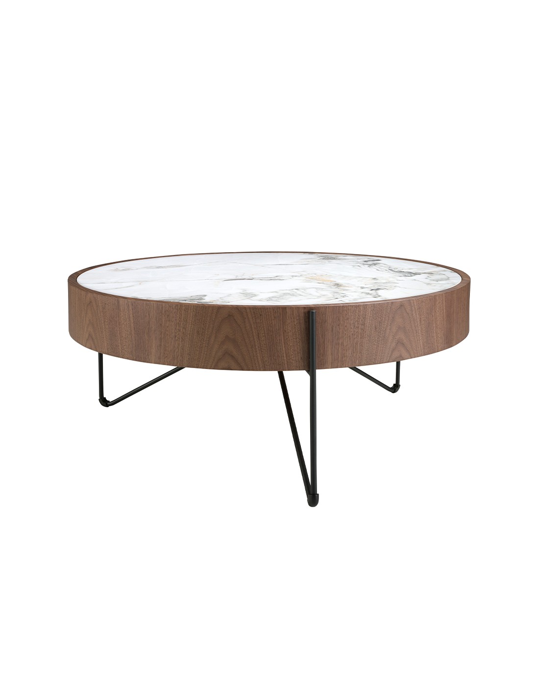 Mesa centro redonda mármol porcelánico, nogal y...