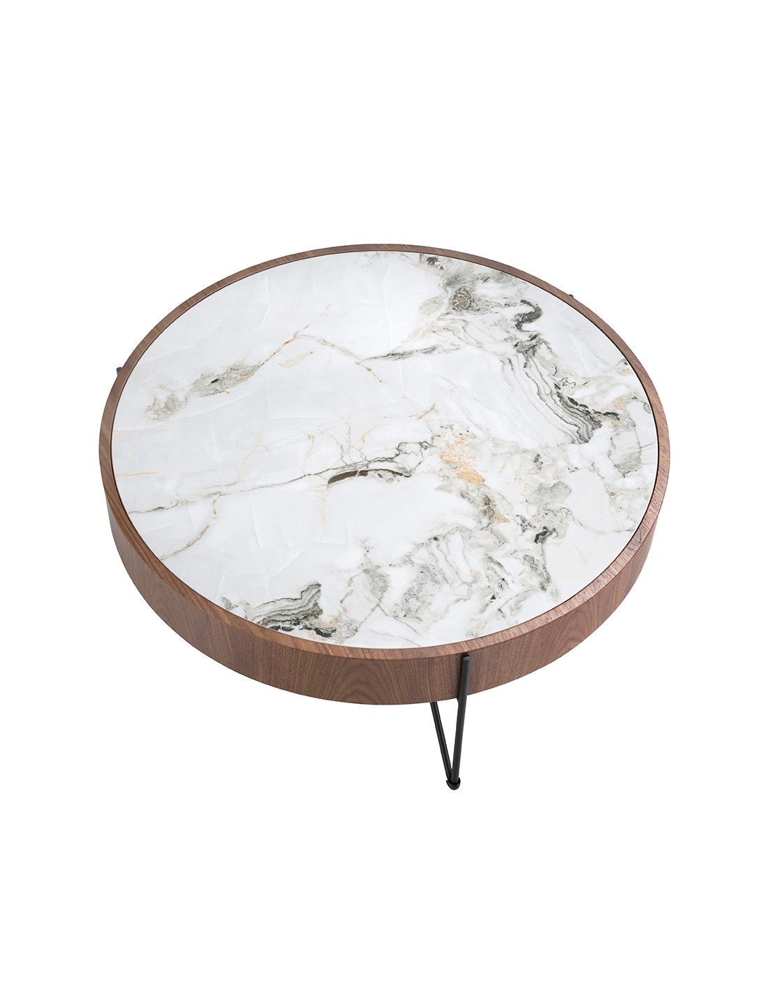 Mesa centro redonda mármol porcelánico, nogal y...