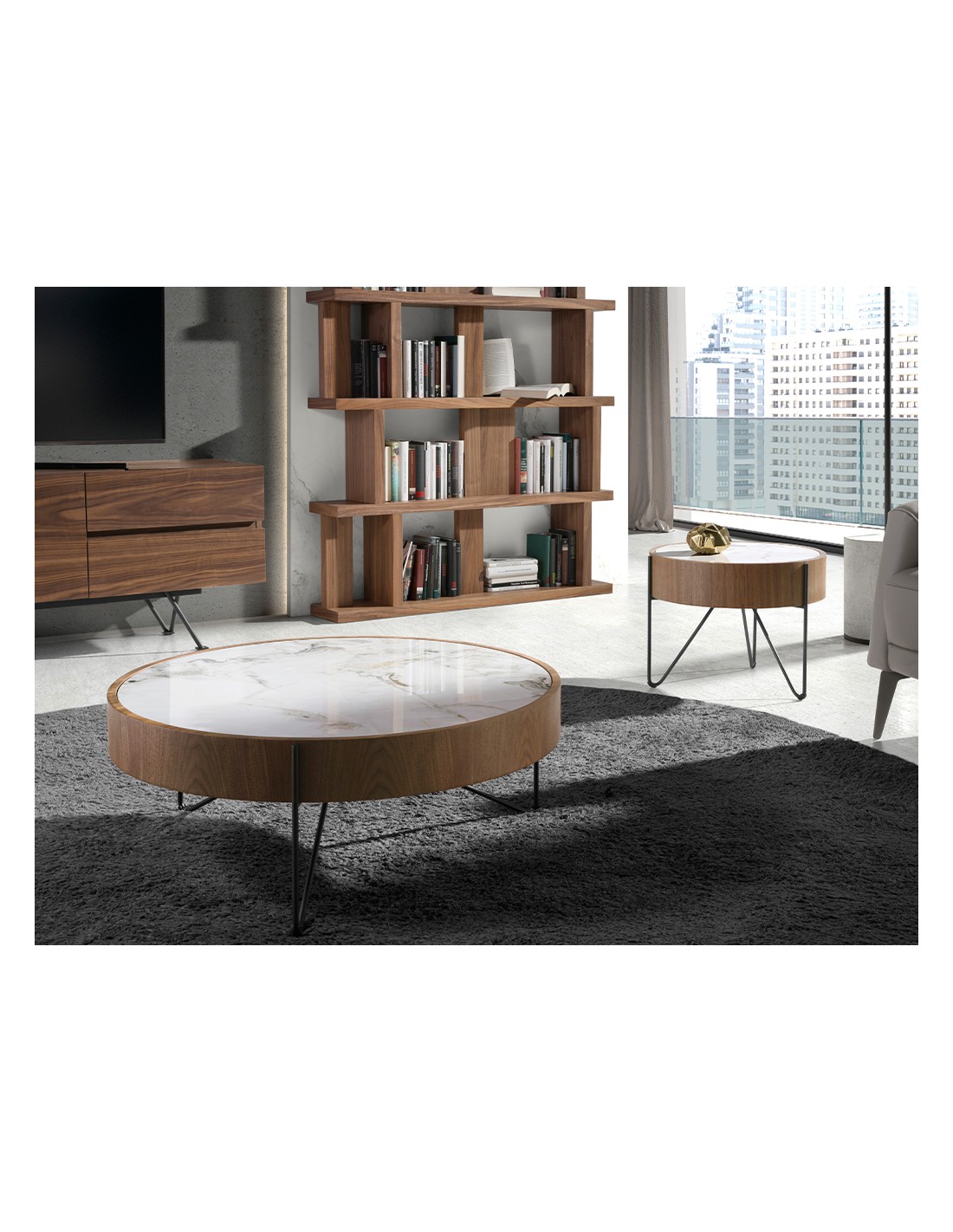 Mesa centro redonda mármol porcelánico, nogal y...