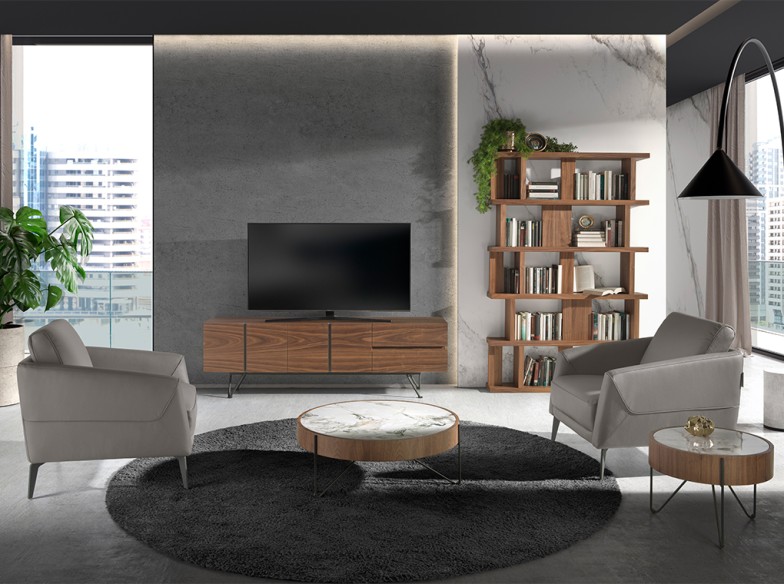 Mesa centro redonda mármol porcelánico, nogal y acero negro