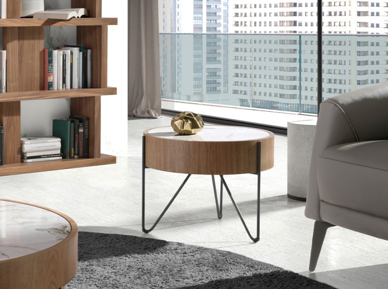 Mesa rincón redonda mármol porcelánico, nogal y acero negro