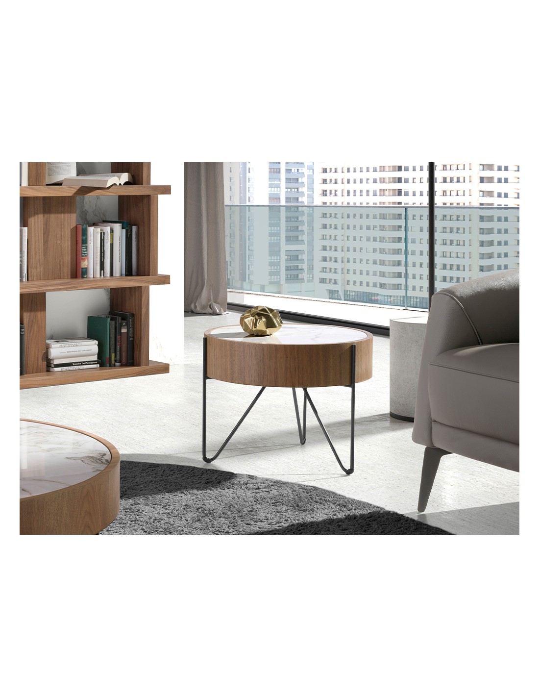 Mesa rincón redonda mármol porcelánico, nogal y...