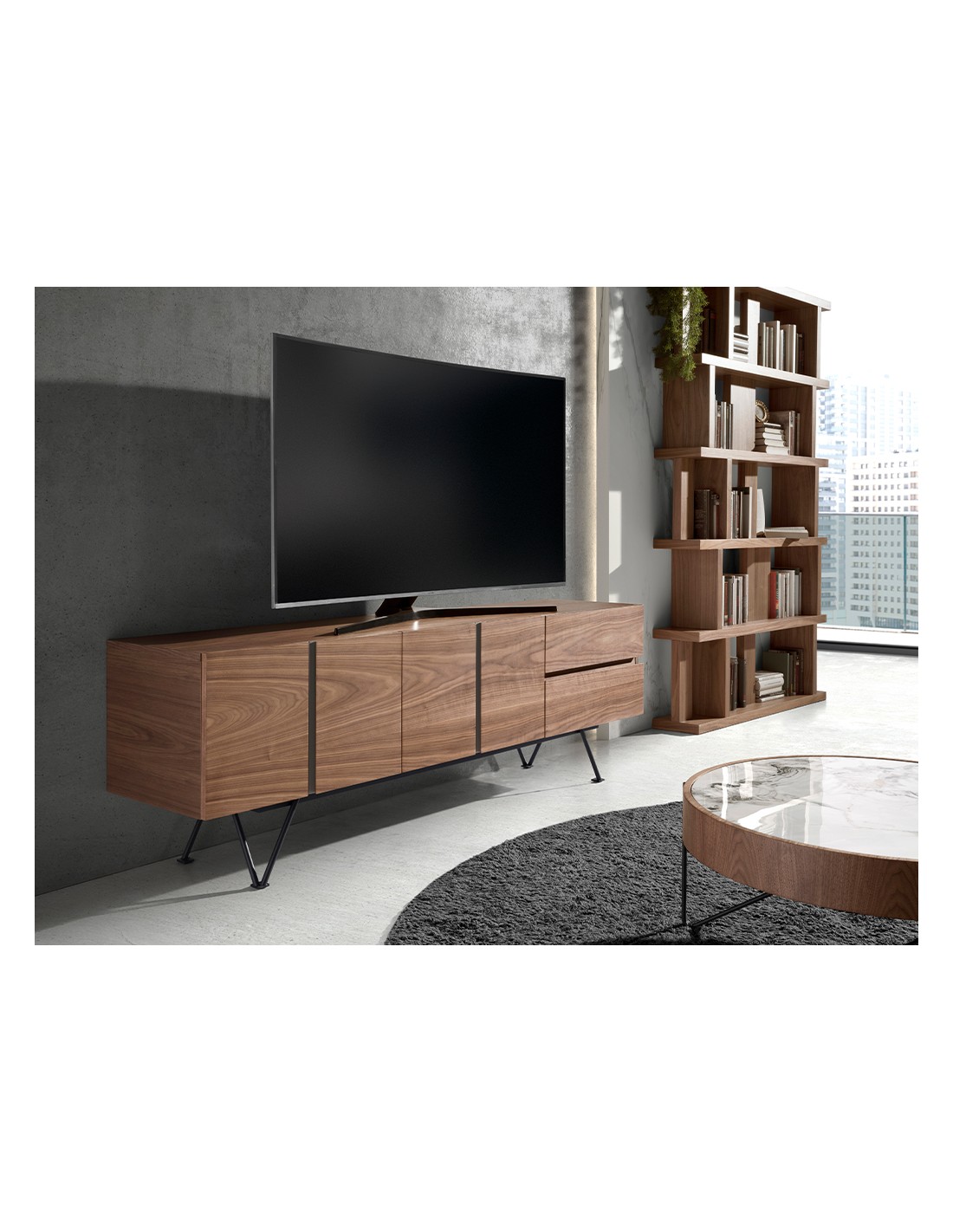 Mueble TV nogal y acero negro