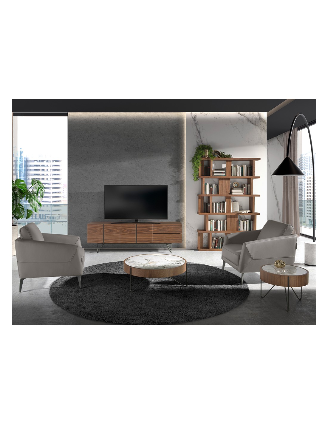 Mueble TV nogal y acero negro