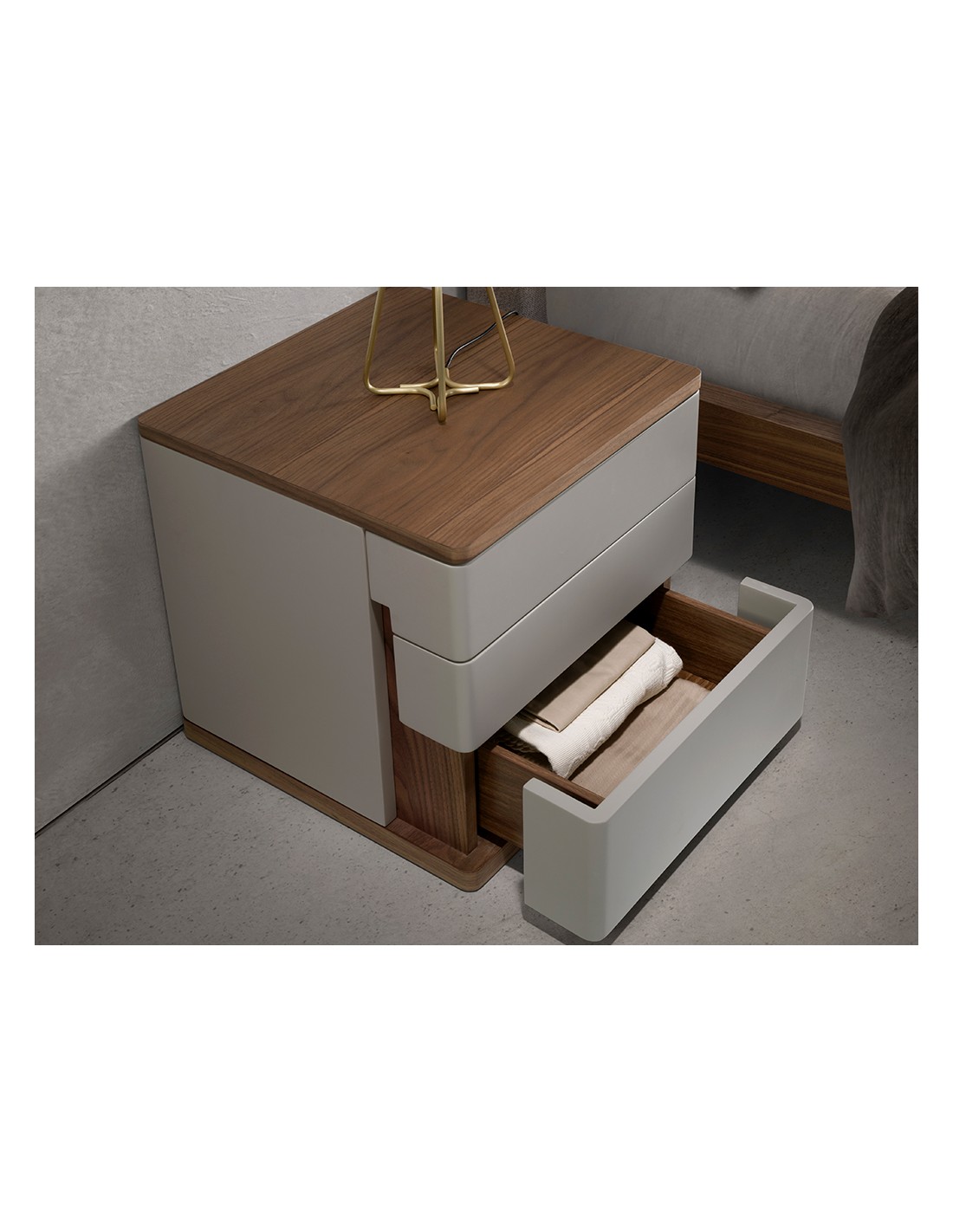 Mesita de noche madera gris y nogal