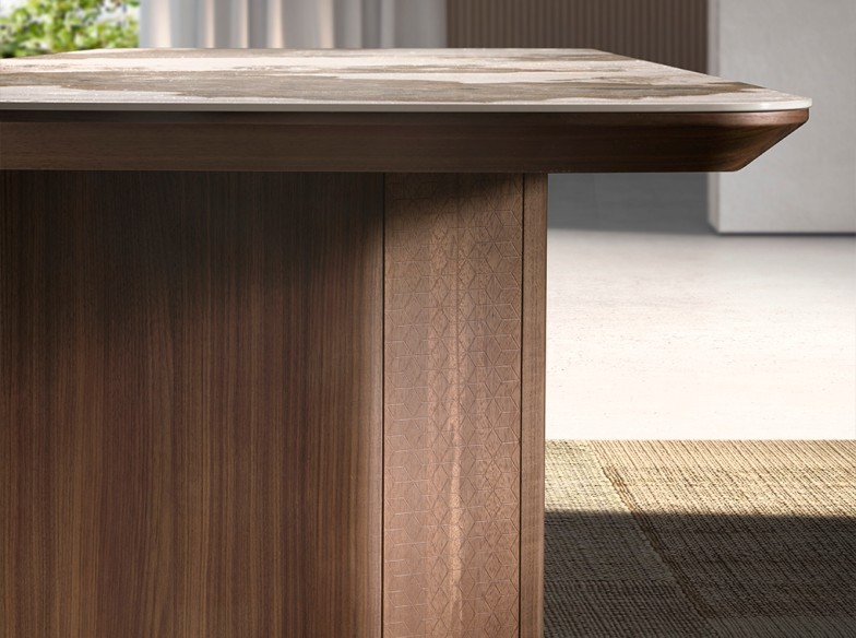 Mesa comedor rectangular mármol porcelánico y nogal