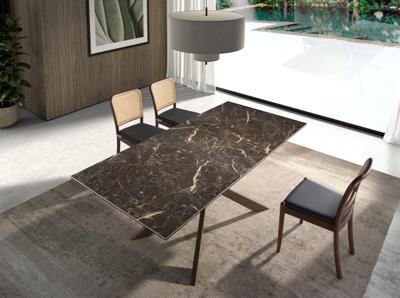 Mesa comedor extensible rectangular mármol porcelánico y acero efecto nogal